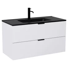 HD Palermo Matt White 100 komplett fürdőszoba bútor fali mosdószekrénnyel, matt fekete fogantyúkkal, matt fekete slim mosdóval és tükörrel