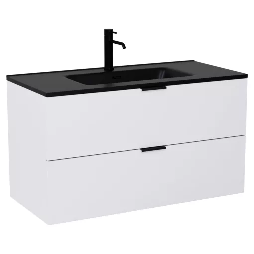 HD Palermo Matt White 100 komplett fürdőszoba bútor fali mosdószekrénnyel, matt fekete fogantyúkkal, matt fekete slim mosdóval és tükörrel