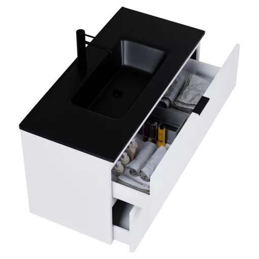 HD Palermo Matt White 100 komplett fürdőszoba bútor fali mosdószekrénnyel, matt fekete fogantyúkkal, matt fekete slim mosdóval és tükörrel