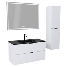 HD Palermo Matt White 100 komplett fürdőszoba bútor szett fali mosdószekrénnyel, matt fekete fogantyúkkal, matt fekete slim mosdóval, tükörrel és magasszekrénnyel