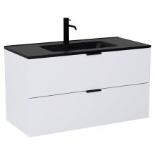 HD Palermo Matt White 100 komplett fürdőszoba bútor szett fali mosdószekrénnyel, matt fekete fogantyúkkal, matt fekete slim mosdóval, tükörrel és magasszekrénnyel