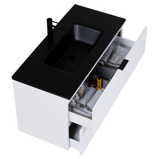 HD Palermo Matt White 100 komplett fürdőszoba bútor szett fali mosdószekrénnyel, matt fekete fogantyúkkal, matt fekete slim mosdóval, tükörrel és magasszekrénnyel