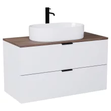 HD Salerno Matt White 100/120 fali mosdószekrény tölgyfa színű mosdópulttal és matt fekete fogantyúkkal