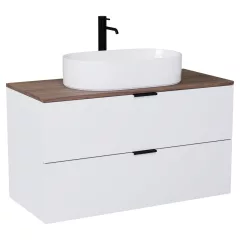   HD Salerno Matt White 100/120 fali mosdószekrény tölgyfa színű mosdópulttal és matt fekete fogantyúkkal