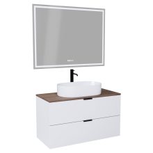 HD Salerno Matt White 100/120 komplett fürdőszoba bútor fali mosdószekrénnyel, matt fekete fogantyúkkal, tölgyfa színű mosdópulttal és tükörrel