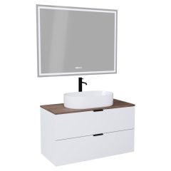   HD Salerno Matt White 100/120 komplett fürdőszoba bútor fali mosdószekrénnyel, matt fekete fogantyúkkal, tölgyfa színű mosdópulttal és tükörrel