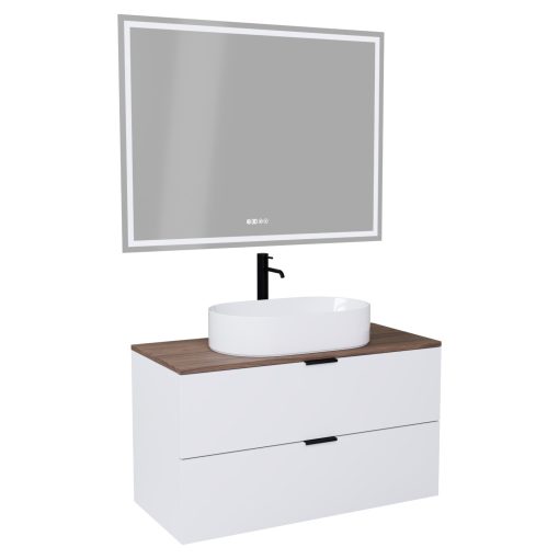 HD Salerno Matt White 100/120 komplett fürdőszoba bútor fali mosdószekrénnyel, matt fekete fogantyúkkal, tölgyfa színű mosdópulttal és tükörrel