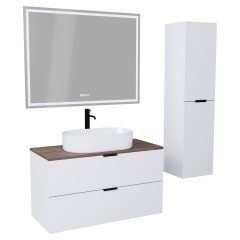   HD Salerno Matt White 100/120 komplett fürdőszoba bútor szett fali mosdószekrénnyel, matt fekete fogantyúval, tölgyfa színű mosdópulttal, tükörrel és magasszekrénnyel