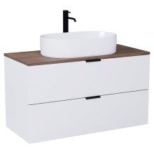 HD Salerno Matt White 100/120 komplett fürdőszoba bútor szett fali mosdószekrénnyel, matt fekete fogantyúval, tölgyfa színű mosdópulttal, tükörrel és magasszekrénnyel