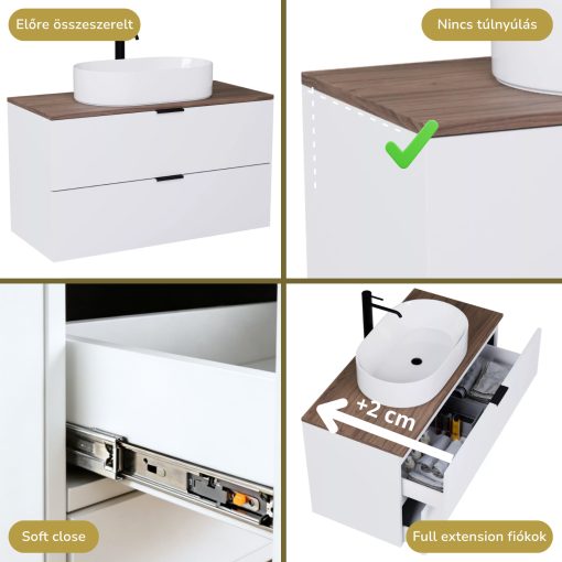 HD Salerno Matt White 100/120 komplett fürdőszoba bútor szett fali mosdószekrénnyel, matt fekete fogantyúval, tölgyfa színű mosdópulttal, tükörrel és magasszekrénnyel