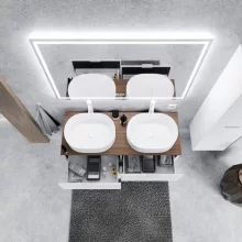 HD Salerno Matt White 120 fali mosdószekrény tölgyfa színű mosdópulttal és matt fehér fogantyúkkal