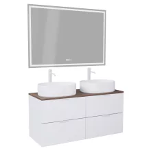 HD Salerno Matt White 120 komplett fürdőszoba bútor fali mosdószekrénnyel, matt fehér fogantyúkkal, tölgyfa színű mosdópulttal és tükörrel