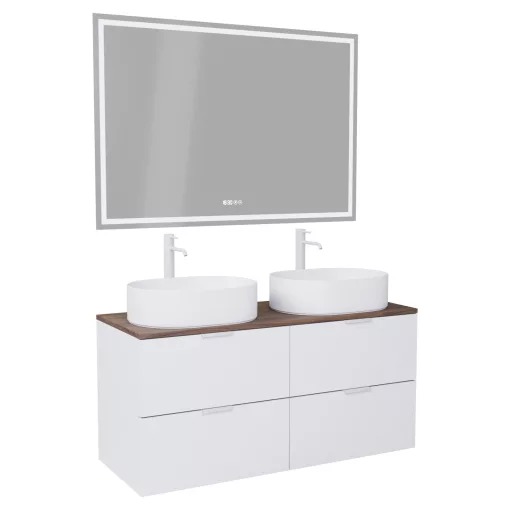 HD Salerno Matt White 120 komplett fürdőszoba bútor fali mosdószekrénnyel, matt fehér fogantyúkkal, tölgyfa színű mosdópulttal és tükörrel