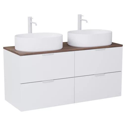 HD Salerno Matt White 120 komplett fürdőszoba bútor fali mosdószekrénnyel, matt fehér fogantyúkkal, tölgyfa színű mosdópulttal és tükörrel