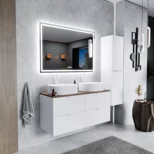 HD Salerno Matt White 120 komplett fürdőszoba bútor fali mosdószekrénnyel, matt fehér fogantyúkkal, tölgyfa színű mosdópulttal és tükörrel