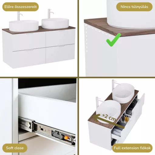 HD Salerno Matt White 120 komplett fürdőszoba bútor fali mosdószekrénnyel, matt fehér fogantyúkkal, tölgyfa színű mosdópulttal és tükörrel