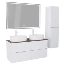 HD Salerno Matt White 120 komplett fürdőszoba bútor szett fali mosdószekrénnyel, matt fehér fogantyúval, tölgyfa színű mosdópulttal, tükörrel és magasszekrénnyel