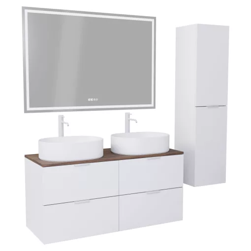 HD Salerno Matt White 120 komplett fürdőszoba bútor szett fali mosdószekrénnyel, matt fehér fogantyúval, tölgyfa színű mosdópulttal, tükörrel és magasszekrénnyel