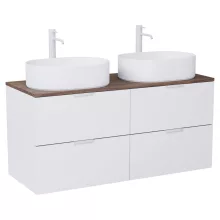 HD Salerno Matt White 120 komplett fürdőszoba bútor szett fali mosdószekrénnyel, matt fehér fogantyúval, tölgyfa színű mosdópulttal, tükörrel és magasszekrénnyel