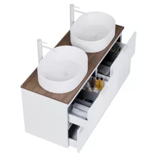 HD Salerno Matt White 120 komplett fürdőszoba bútor szett fali mosdószekrénnyel, matt fehér fogantyúval, tölgyfa színű mosdópulttal, tükörrel és magasszekrénnyel