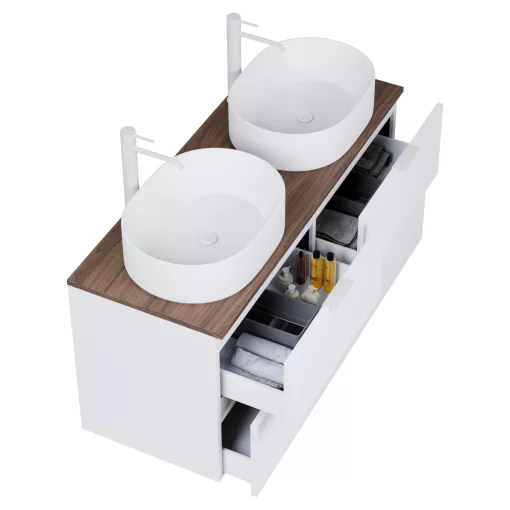 HD Salerno Matt White 120 komplett fürdőszoba bútor szett fali mosdószekrénnyel, matt fehér fogantyúval, tölgyfa színű mosdópulttal, tükörrel és magasszekrénnyel