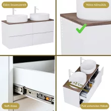 HD Salerno Matt White 120 komplett fürdőszoba bútor szett fali mosdószekrénnyel, matt fehér fogantyúval, tölgyfa színű mosdópulttal, tükörrel és magasszekrénnyel