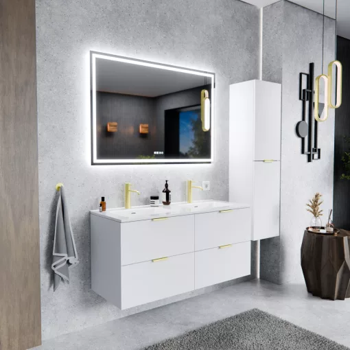 HD Palermo Matt White 120 fali mosdószekrény szálcsiszolt arany fogantyúkkal és fényes fehér slim mosdóval