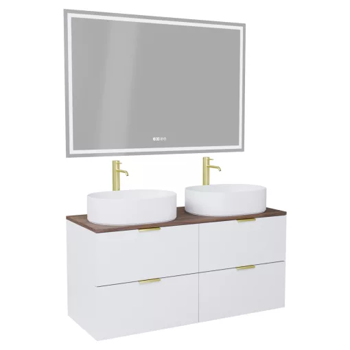 HD Salerno Matt White 120 komplett fürdőszoba bútor fali mosdószekrénnyel, szálcsiszolt arany fogantyúkkal, tölgyfa színű mosdópulttal és tükörrel