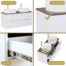 HD Salerno Matt White 120 komplett fürdőszoba bútor fali mosdószekrénnyel, szálcsiszolt arany fogantyúkkal, tölgyfa színű mosdópulttal és tükörrel