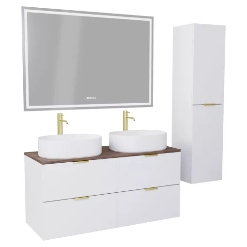 HD Salerno Matt White 120 komplett fürdőszoba bútor szett fali mosdószekrénnyel, szálcsiszolt arany fogantyúval, tölgyfa színű mosdópulttal, tükörrel és magasszekrénnyel