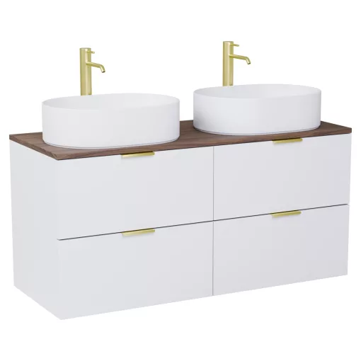 HD Salerno Matt White 120 komplett fürdőszoba bútor szett fali mosdószekrénnyel, szálcsiszolt arany fogantyúval, tölgyfa színű mosdópulttal, tükörrel és magasszekrénnyel