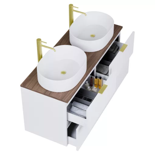 HD Salerno Matt White 120 komplett fürdőszoba bútor szett fali mosdószekrénnyel, szálcsiszolt arany fogantyúval, tölgyfa színű mosdópulttal, tükörrel és magasszekrénnyel