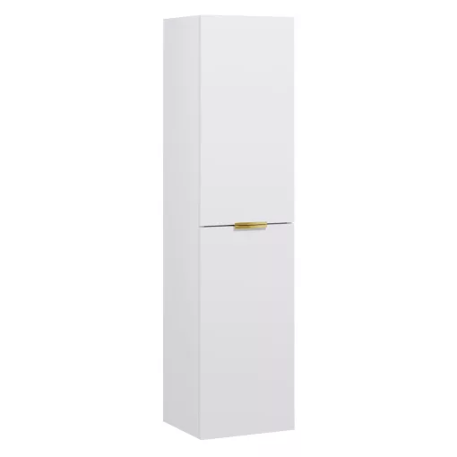 HD Salerno Matt White 120 komplett fürdőszoba bútor szett fali mosdószekrénnyel, szálcsiszolt arany fogantyúval, tölgyfa színű mosdópulttal, tükörrel és magasszekrénnyel