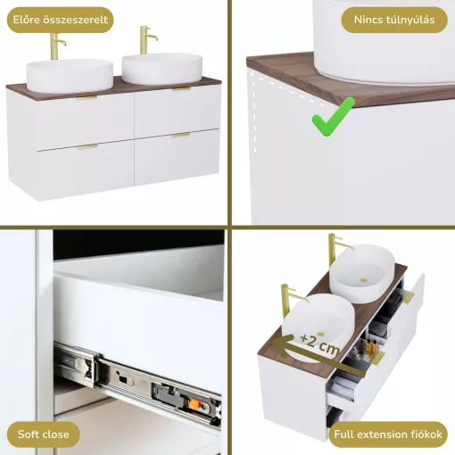 HD Salerno Matt White 120 komplett fürdőszoba bútor szett fali mosdószekrénnyel, szálcsiszolt arany fogantyúval, tölgyfa színű mosdópulttal, tükörrel és magasszekrénnyel