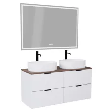 HD Salerno Matt White 120 komplett fürdőszoba bútor fali mosdószekrénnyel, matt fekete fogantyúkkal, tölgyfa színű mosdópulttal és tükörrel