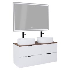   HD Salerno Matt White 120 komplett fürdőszoba bútor fali mosdószekrénnyel, matt fekete fogantyúkkal, tölgyfa színű mosdópulttal és tükörrel