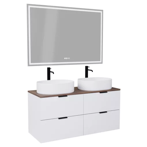 HD Salerno Matt White 120 komplett fürdőszoba bútor fali mosdószekrénnyel, matt fekete fogantyúkkal, tölgyfa színű mosdópulttal és tükörrel