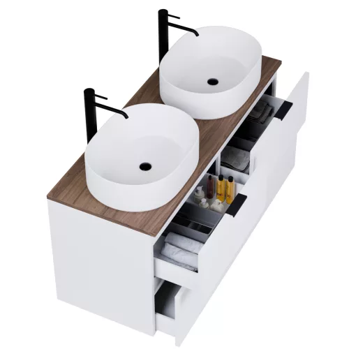 HD Salerno Matt White 120 komplett fürdőszoba bútor fali mosdószekrénnyel, matt fekete fogantyúkkal, tölgyfa színű mosdópulttal és tükörrel