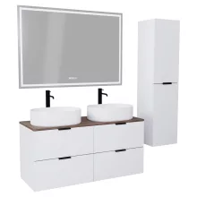 HD Salerno Matt White 120 komplett fürdőszoba bútor szett fali mosdószekrénnyel, matt fekete fogantyúval, tölgyfa színű mosdópulttal, tükörrel és magasszekrénnyel