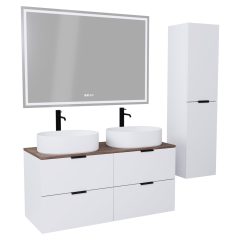   HD Salerno Matt White 120 komplett fürdőszoba bútor szett fali mosdószekrénnyel, matt fekete fogantyúval, tölgyfa színű mosdópulttal, tükörrel és magasszekrénnyel