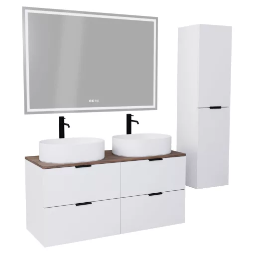 HD Salerno Matt White 120 komplett fürdőszoba bútor szett fali mosdószekrénnyel, matt fekete fogantyúval, tölgyfa színű mosdópulttal, tükörrel és magasszekrénnyel