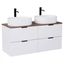 HD Salerno Matt White 120 komplett fürdőszoba bútor szett fali mosdószekrénnyel, matt fekete fogantyúval, tölgyfa színű mosdópulttal, tükörrel és magasszekrénnyel