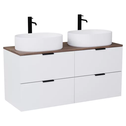 HD Salerno Matt White 120 komplett fürdőszoba bútor szett fali mosdószekrénnyel, matt fekete fogantyúval, tölgyfa színű mosdópulttal, tükörrel és magasszekrénnyel