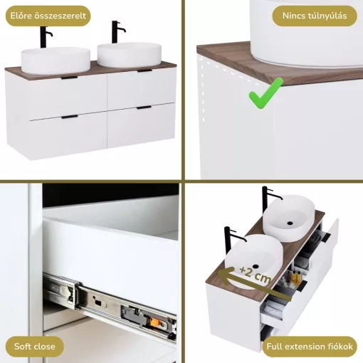 HD Salerno Matt White 120 komplett fürdőszoba bútor szett fali mosdószekrénnyel, matt fekete fogantyúval, tölgyfa színű mosdópulttal, tükörrel és magasszekrénnyel