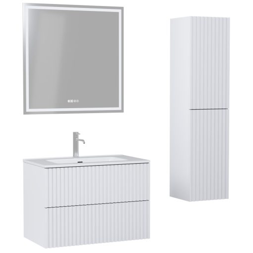 HD Ravello Pro Matt White 60 komplett fürdőszoba bútor szett fali push-to-open mosdószekrénnyel, fényes fehér slim mosdóval, tükörrel és magasszekrénnyel