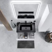 HD Ravello Pro Matt White 60 komplett fürdőszoba bútor fali push-to-open mosdószekrénnyel, matt fekete slim mosdóval és tükörrel