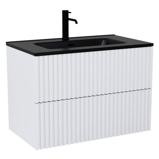 HD Ravello Pro Matt White 60 komplett fürdőszoba bútor szett fali push-to-open mosdószekrénnyel, matt fekete slim mosdóval, tükörrel és magasszekrénnyel