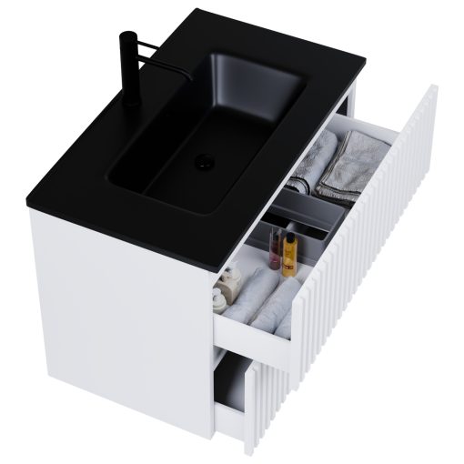 HD Ravello Pro Matt White 60 komplett fürdőszoba bútor szett fali push-to-open mosdószekrénnyel, matt fekete slim mosdóval, tükörrel és magasszekrénnyel