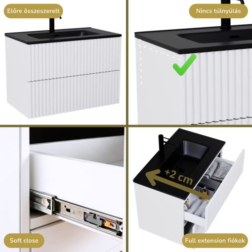 HD Ravello Pro Matt White 60 komplett fürdőszoba bútor szett fali push-to-open mosdószekrénnyel, matt fekete slim mosdóval, tükörrel és magasszekrénnyel