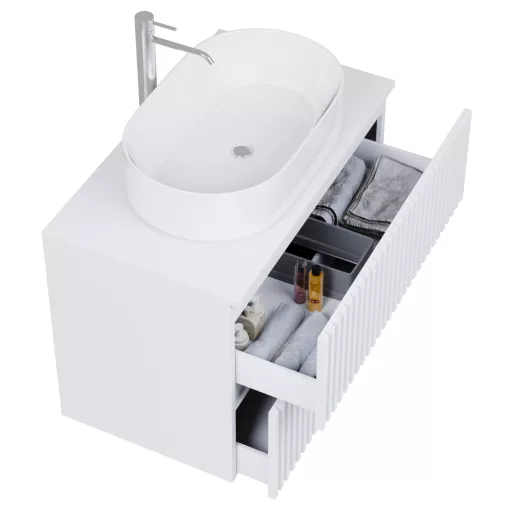 HD Rapallo Pro Matt White 60 komplett fürdőszoba bútor fali push-to-open mosdószekrénnyel, matt fehér mosdópulttal és tükörrel